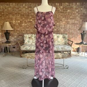 Indigo Thread Co Dress Maxi Floral Pom Flounce Burgundy XS Tiered Brunch Garden